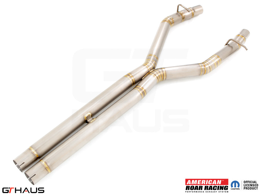 Premium stainless steel catback X-pipe for Dodge Challenger SRT8, Scat-pack, and Hellcat 707, enhancing exhaust flow.
