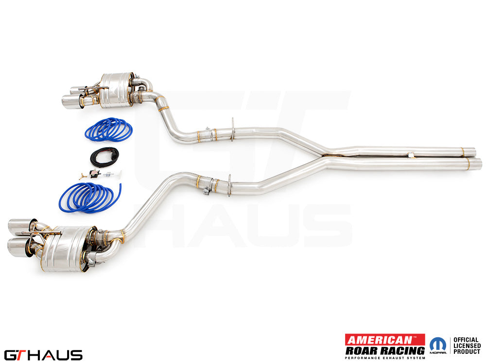 Premium performance exhaust system for Dodge Challenger SRT8, Scat-pack, and Hellcat 707, featuring stainless steel construction.