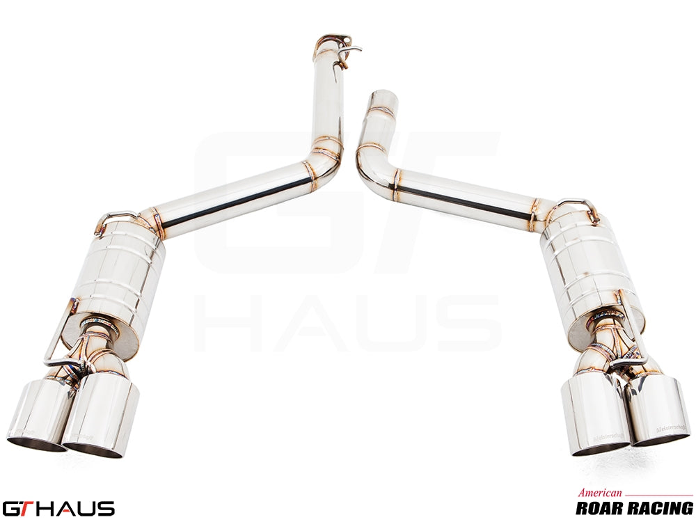 Premium performance exhaust system for Dodge Challenger SRT8, featuring polished stainless steel and dual tips.