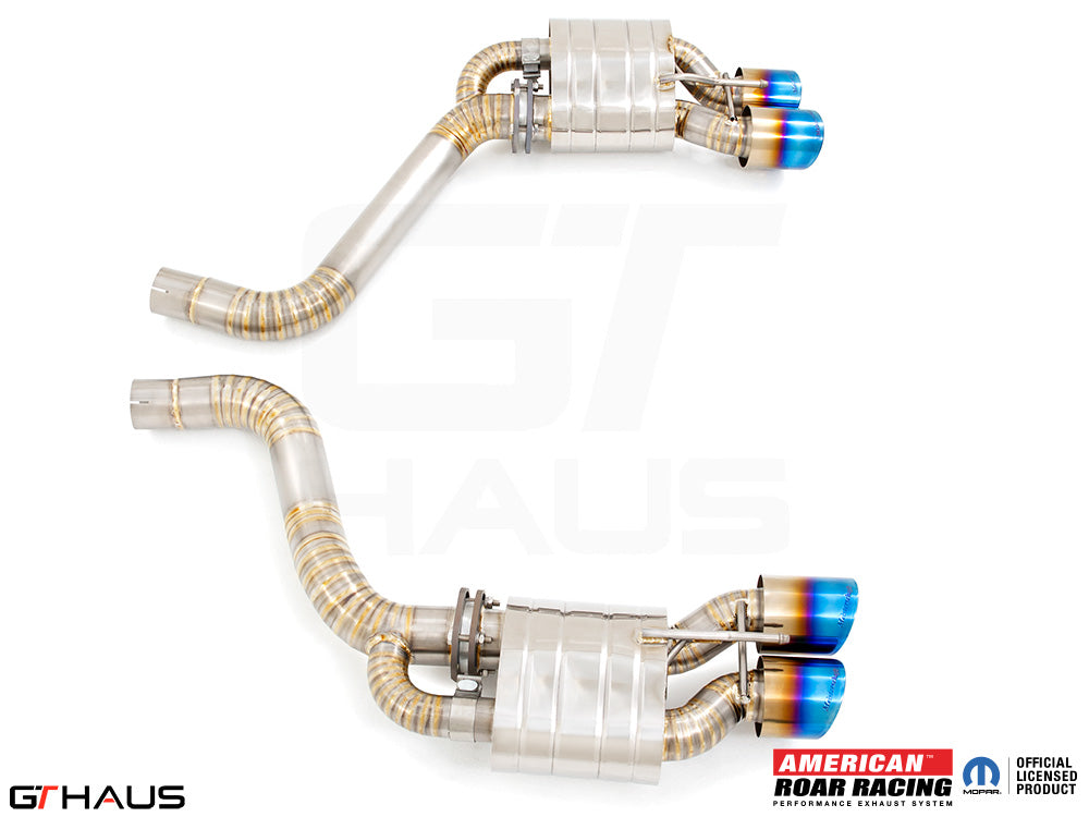 Premium exhaust system for 2008-2014 Dodge Challenger SRT8 featuring dual tips and high-performance design.