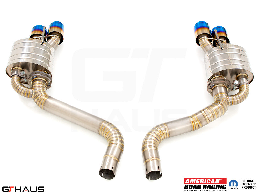 Premium performance exhaust system for Dodge Challenger SRT8 featuring dual tips and stainless steel construction.