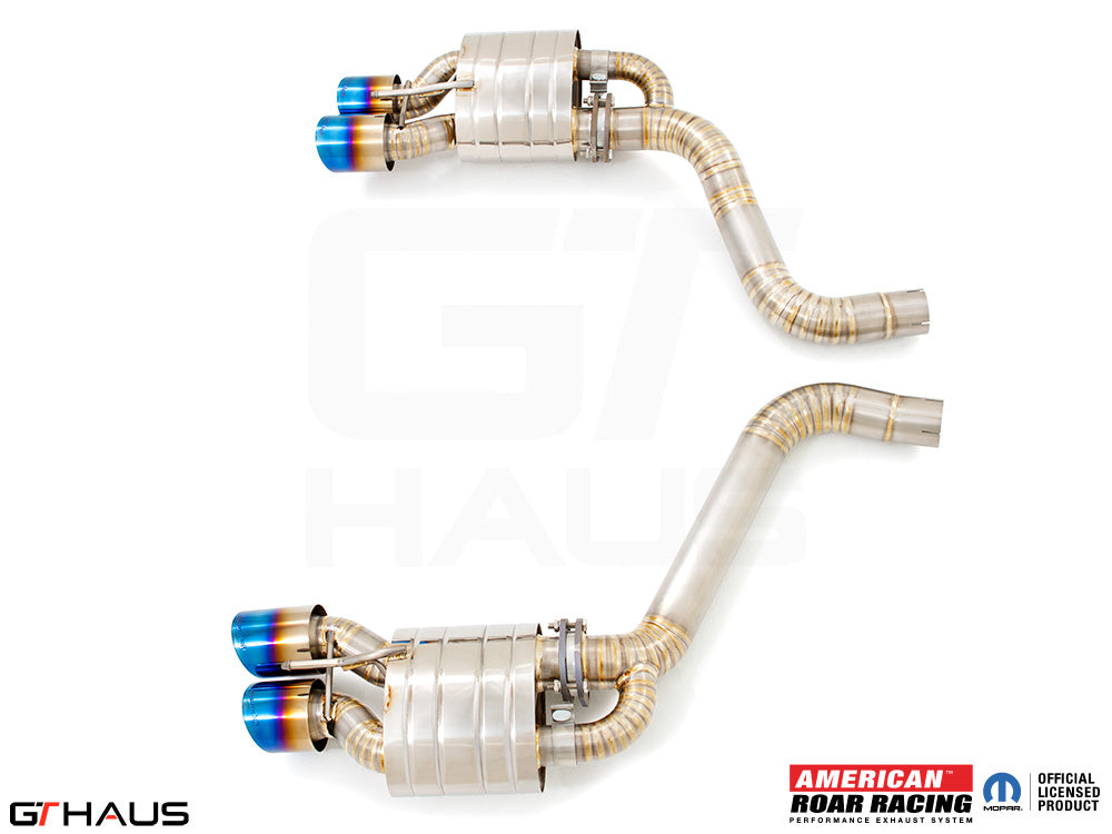 Premium exhaust system for Dodge Challenger SRT8, featuring dual tips and high-performance design for enhanced sound and power.