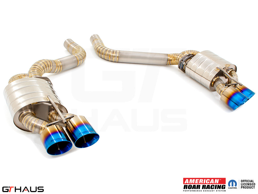 Premium performance exhaust system for Dodge Challenger SRT8 featuring stainless steel construction and dual tips.