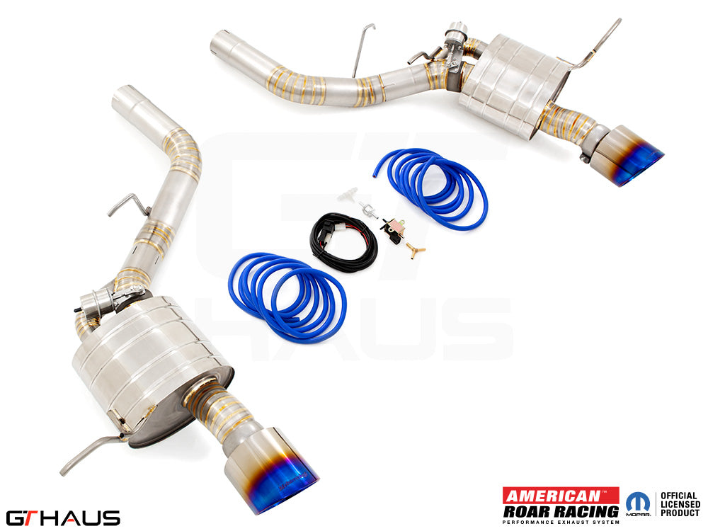 Premium performance exhaust system for 2021+ Dodge Durango Hellcat featuring stainless steel construction and blue tips.