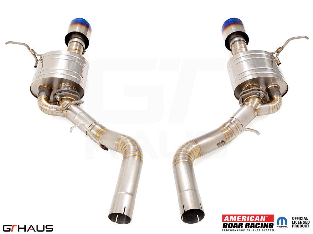 Premium exhaust system for 2021+ Dodge Durango Hellcat featuring stainless steel construction and blue-tipped tips.