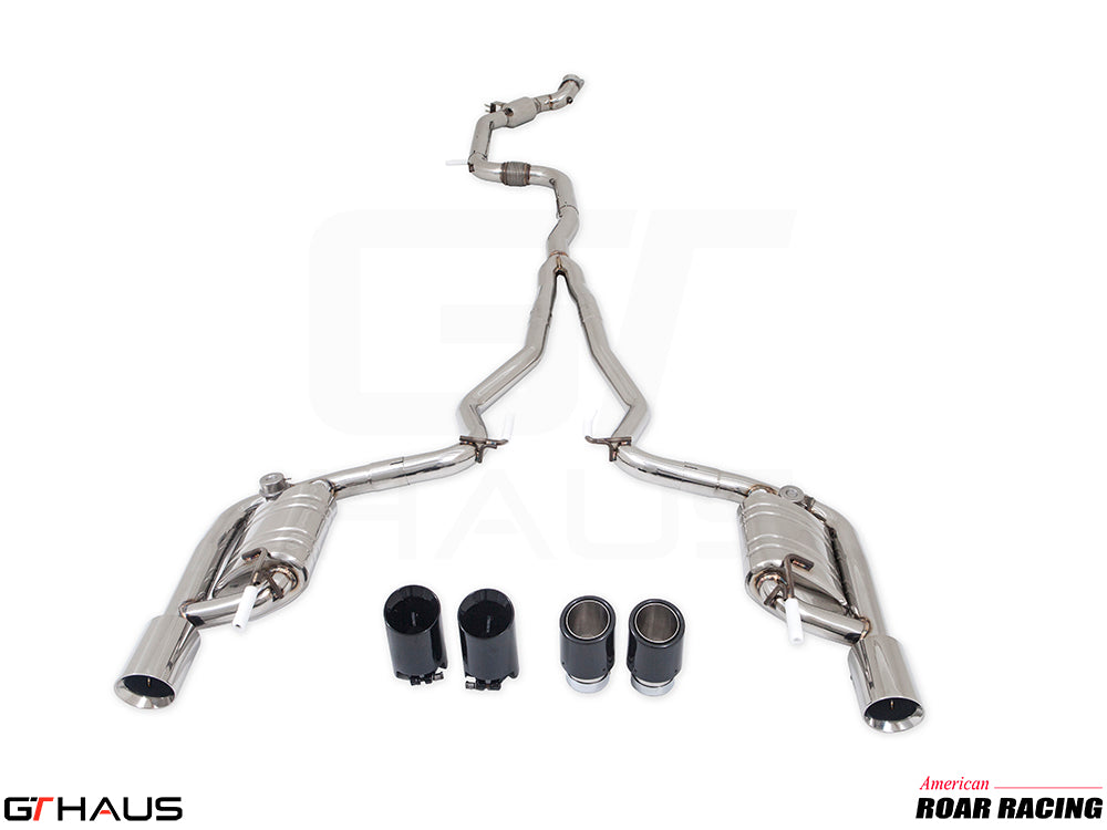 Premium stainless steel exhaust system for 2015-2023 Ford Mustang EcoBoost I-4 2.3L, featuring dual tips and valve control.