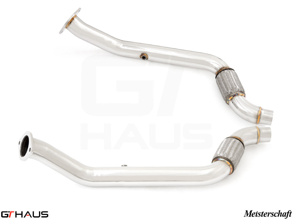 High-performance front pipe for Ford Mustang GT350/GT350R 2015+, designed for secondary cat delete to enhance exhaust flow.