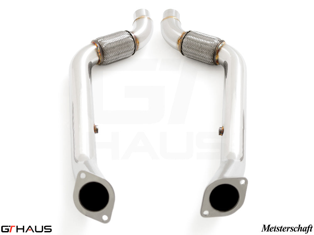 Ford Mustang GT350 GT350R 2015+ front pipe secondary cat delete section, featuring polished stainless steel construction.