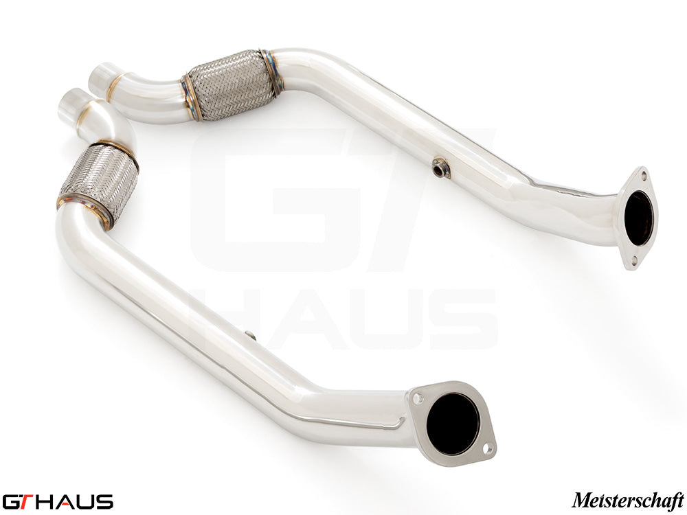 High-performance front pipe for Ford Mustang GT350/GT350R 2015+, designed for secondary cat delete with polished stainless steel finish.