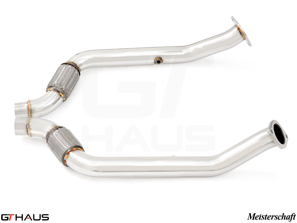 Stainless steel front pipe for Ford Mustang GT350/GT350R 2015+, designed for secondary cat delete, enhancing exhaust flow.