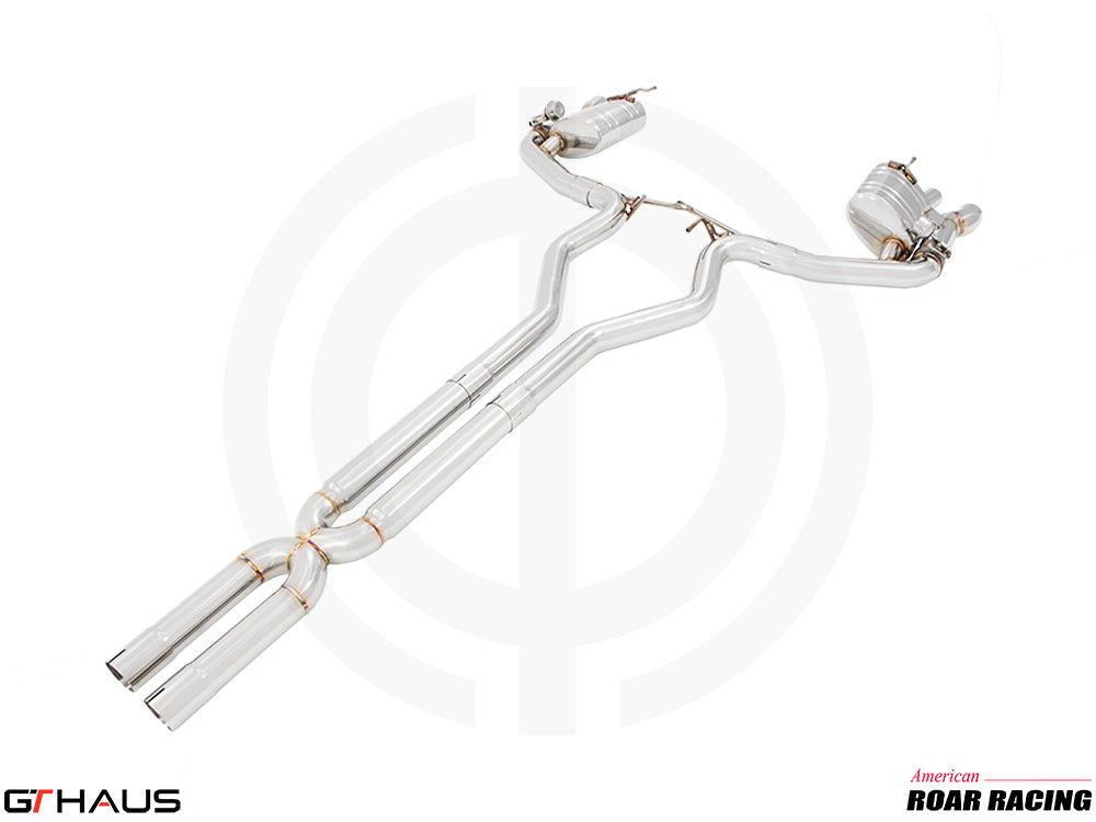 Premium performance exhaust system for Ford Mustang GT350 and GT350R, featuring stainless steel construction and electronic valve control.