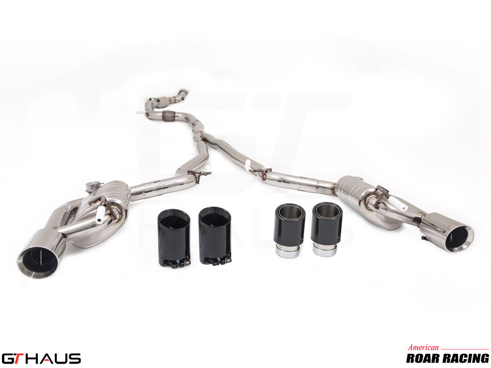 Premium performance exhaust system for 2015-2017 Ford Mustang GT 5.0L, featuring stainless steel construction and dual tips.