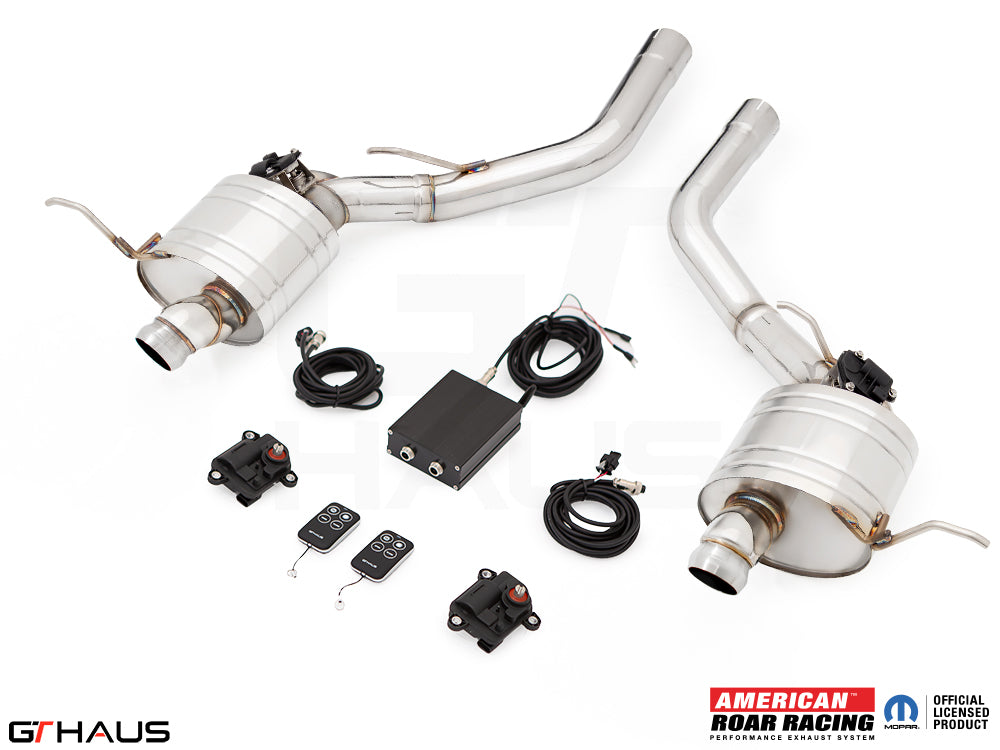 Premium performance exhaust system for Jeep Grand Cherokee SRT8 featuring dual tips, electronic valve control, and remote.