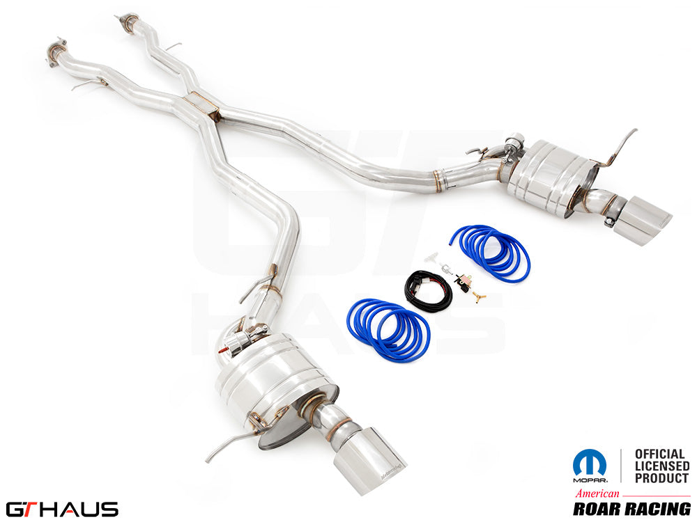 Premium performance exhaust system for 2012+ Jeep Grand Cherokee R/T with 5.7 HEMI V8, featuring dual stainless steel pipes and components.