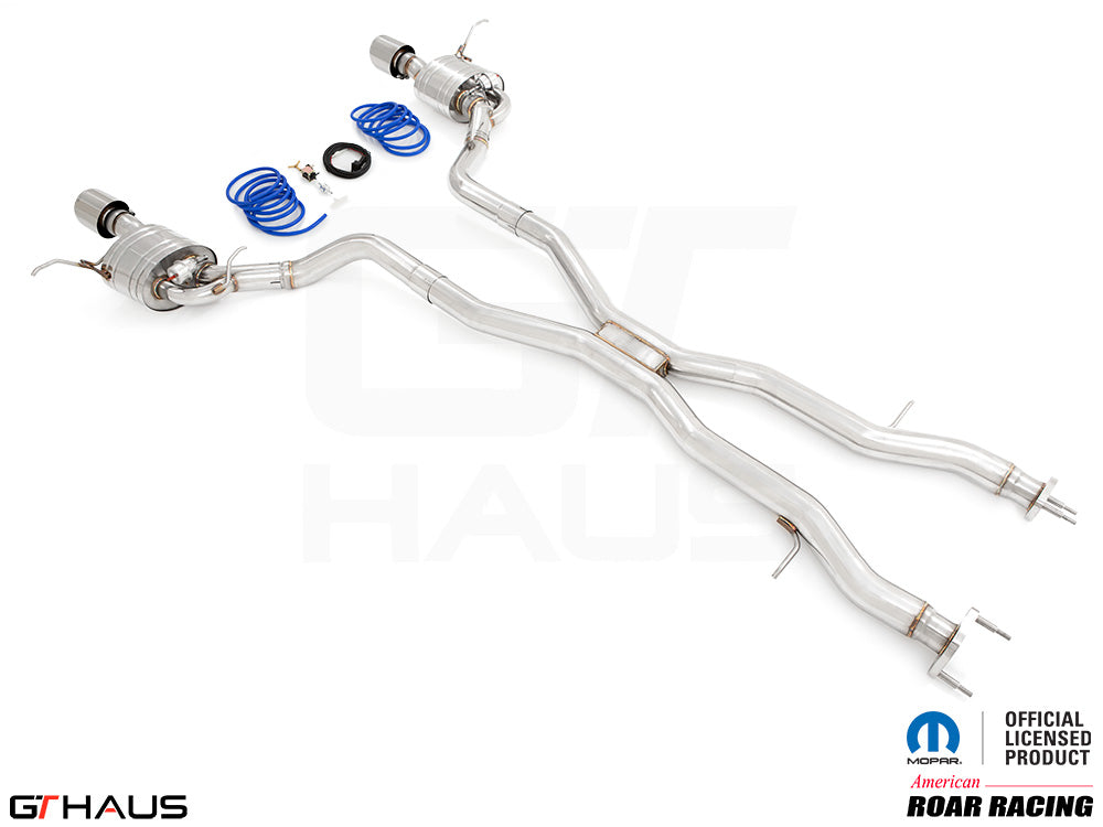 Premium performance exhaust system for 2012+ Jeep Grand Cherokee R/T with 5.7 HEMI V8, featuring stainless steel construction.