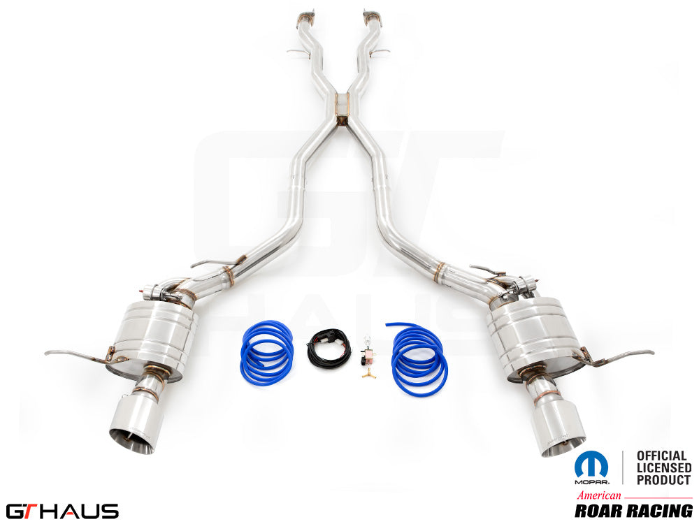 Premium exhaust system for 2012+ Jeep Grand Cherokee R/T with 5.7 HEMI V8, featuring stainless steel construction and performance design.