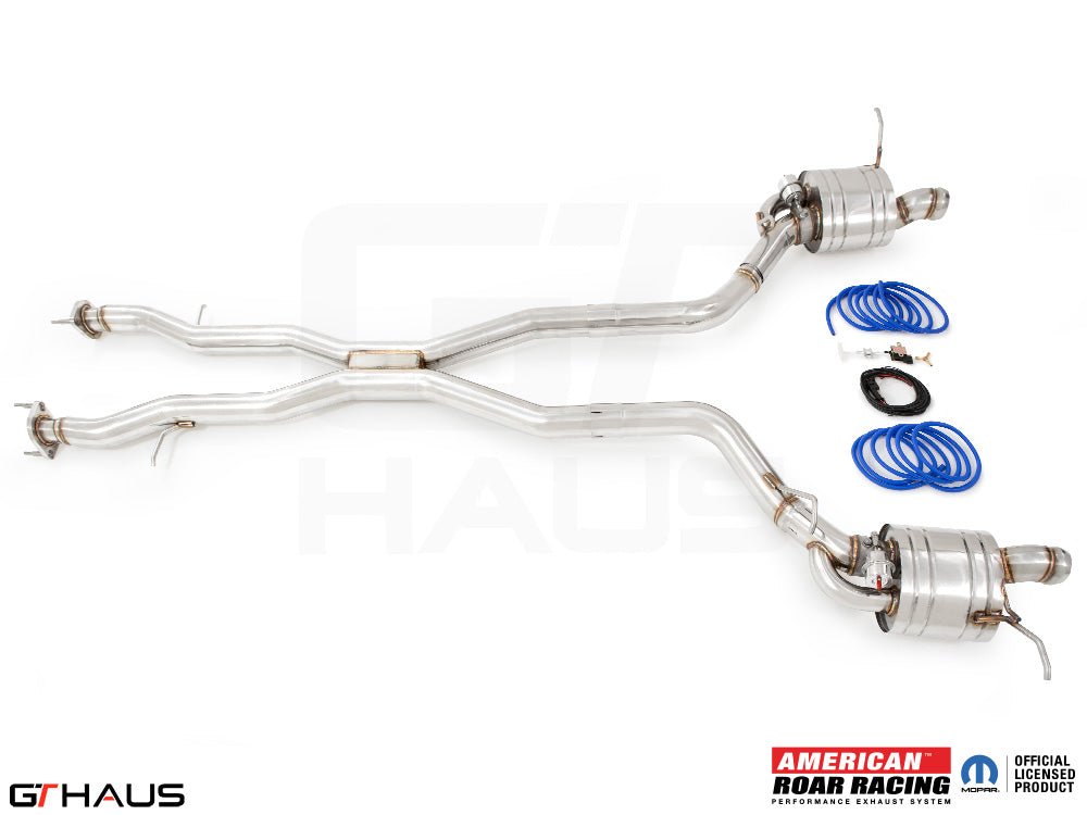 Premium performance exhaust system for 2012+ Jeep Grand Cherokee R/T with 5.7 HEMI V8, featuring stainless steel construction.