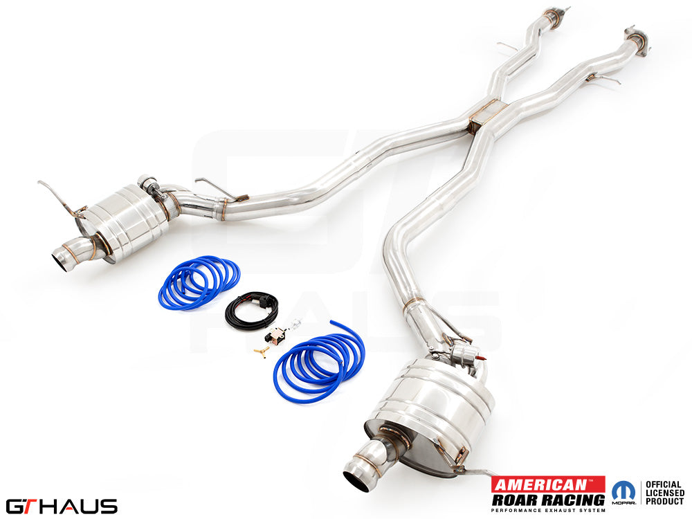 Premium performance exhaust system for 2012+ Jeep Grand Cherokee R/T with 5.7 HEMI V8, featuring stainless steel construction.