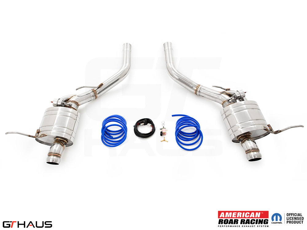 Premium performance exhaust system for Jeep Grand Cherokee R/T with 5.7 HEMI V8, featuring stainless steel construction.