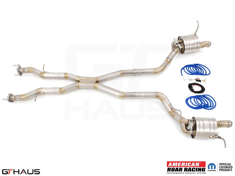 Premium performance exhaust system for Jeep Grand Cherokee R/T with 5.7 HEMI V8, featuring stainless steel construction and electronic valve control.