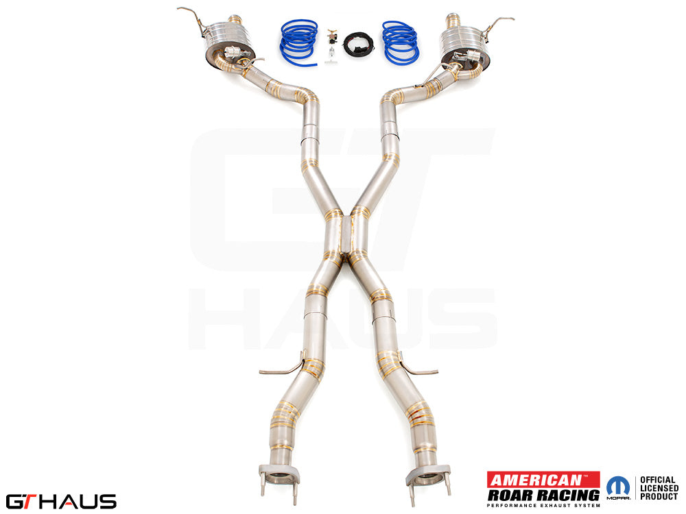 Premium performance exhaust system for 2012+ Jeep Grand Cherokee R/T with 5.7 HEMI V8, featuring stainless steel construction.