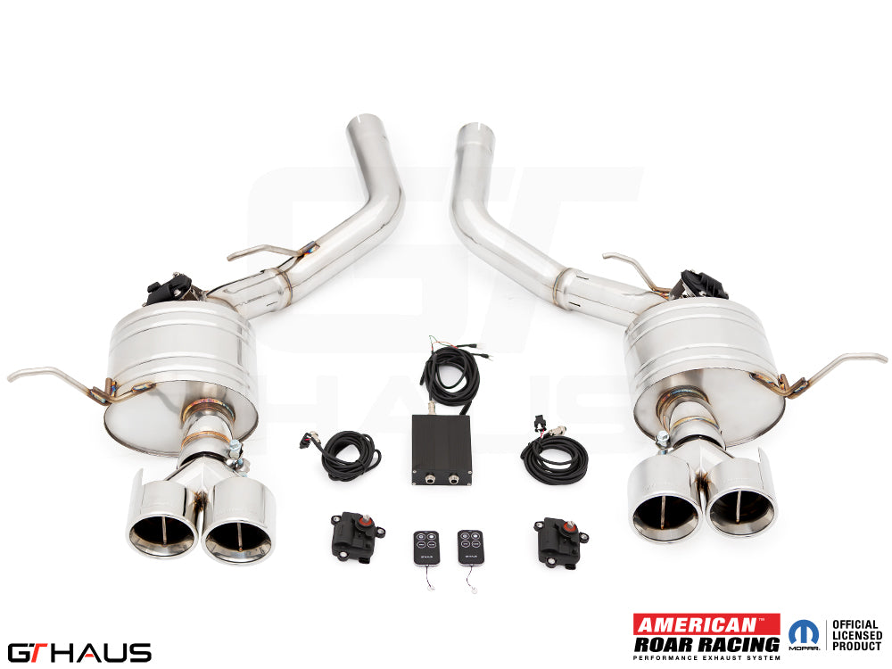 Premium exhaust system for 2012+ Jeep Grand Cherokee SRT8 featuring dual tips and electronic valve control.