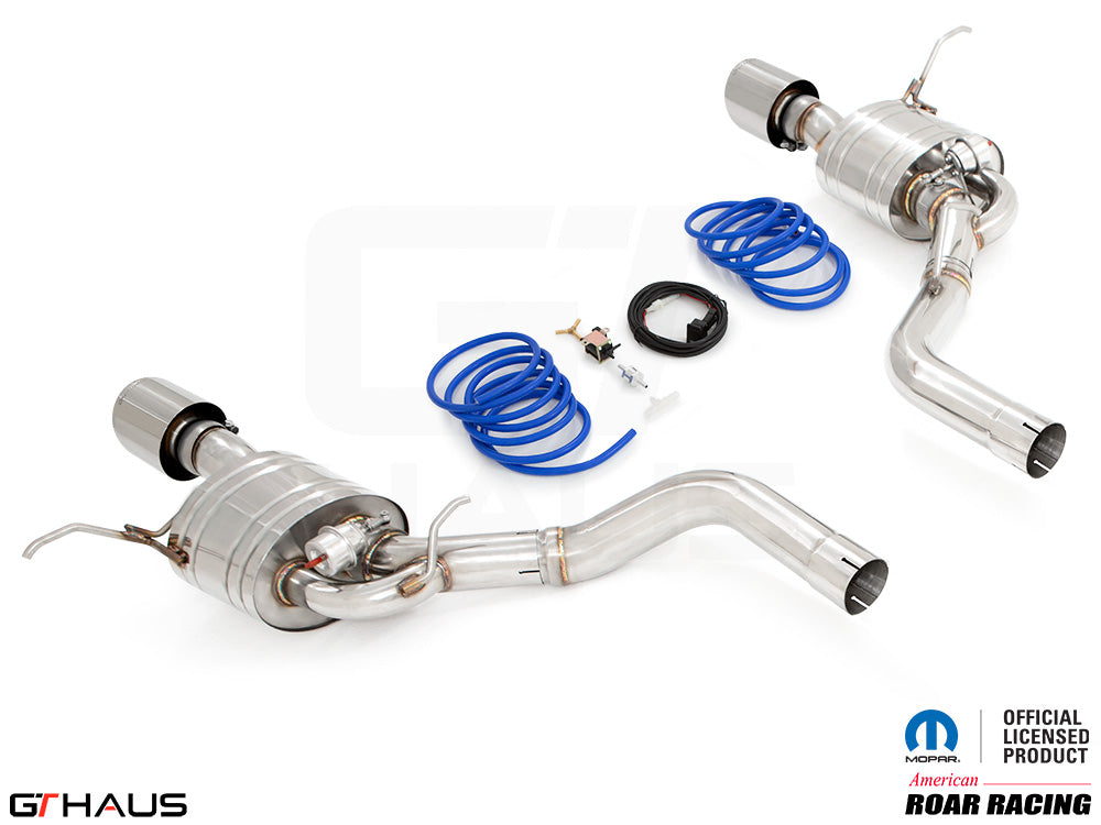 Premium performance exhaust system for Jeep Grand Cherokee SRT8 6.4 HEMI V8, featuring stainless steel construction and electronic valve control.