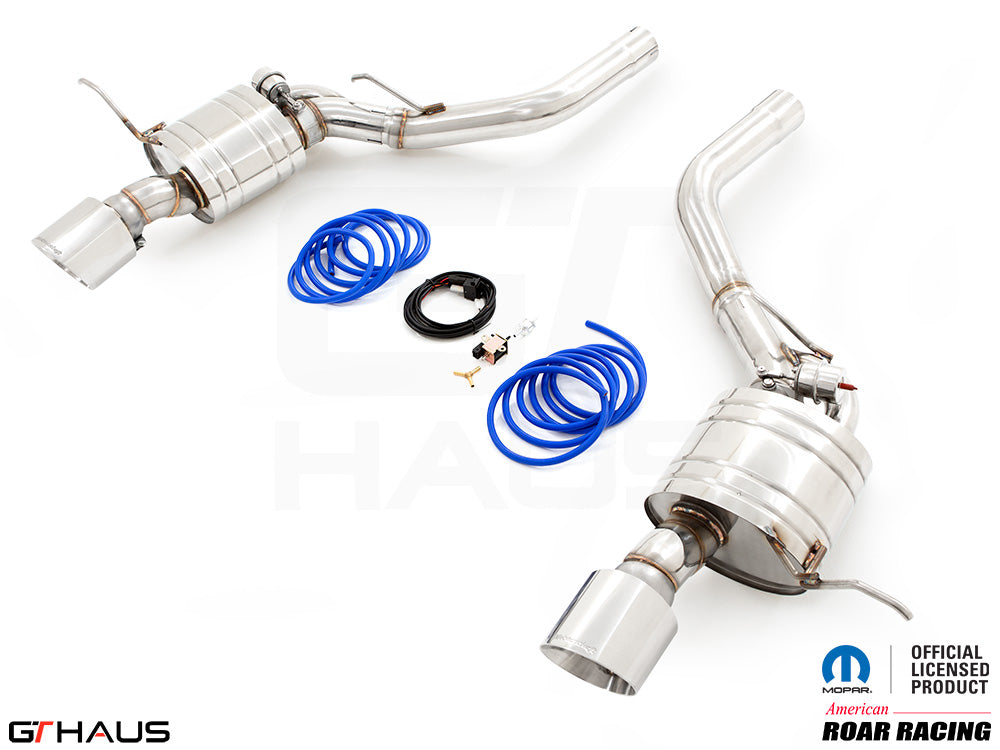 Premium performance exhaust system for 2012+ Jeep Grand Cherokee SRT8 with 6.4 HEMI V8, featuring stainless steel construction.