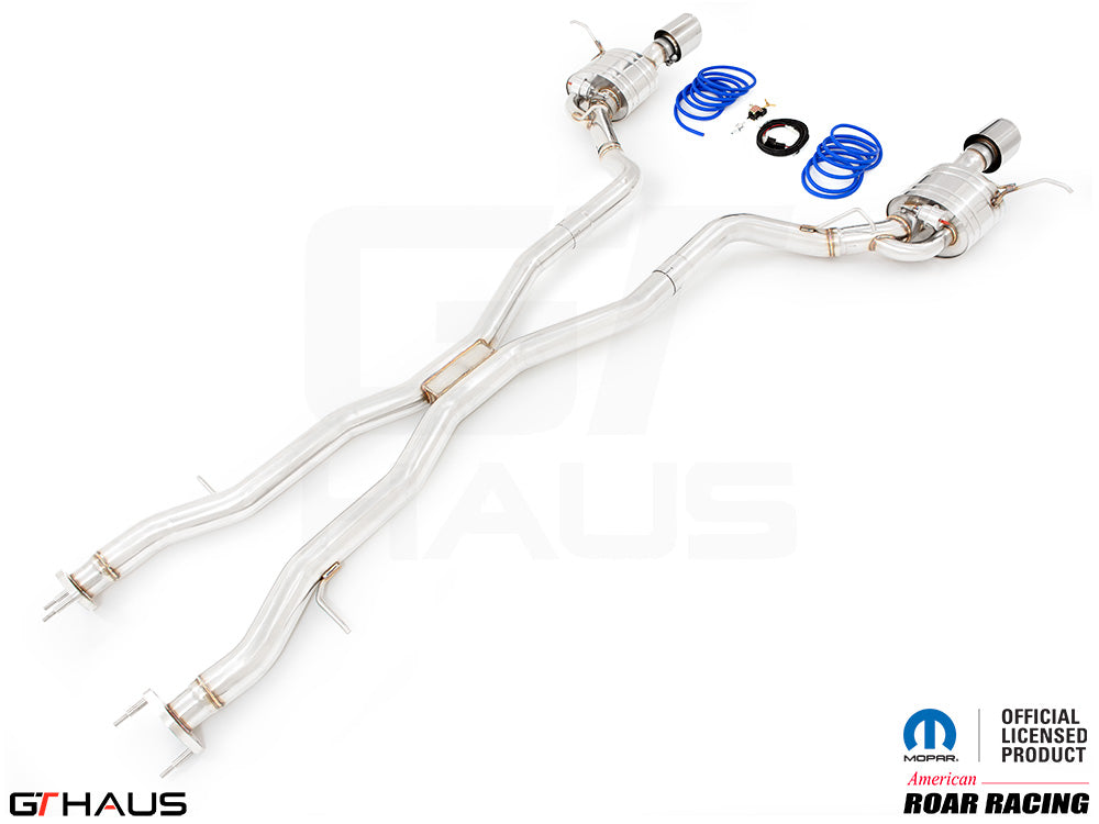 Premium performance exhaust system for 2012+ Jeep Grand Cherokee SRT8 with 6.4 HEMI V8, featuring stainless steel construction.