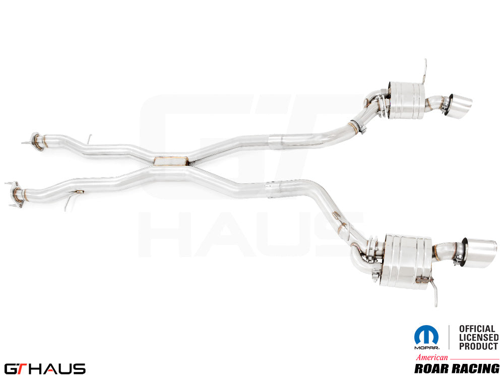 Premium performance exhaust system for 2012+ Jeep Grand Cherokee SRT8 with 6.4 HEMI V8, featuring stainless steel construction.