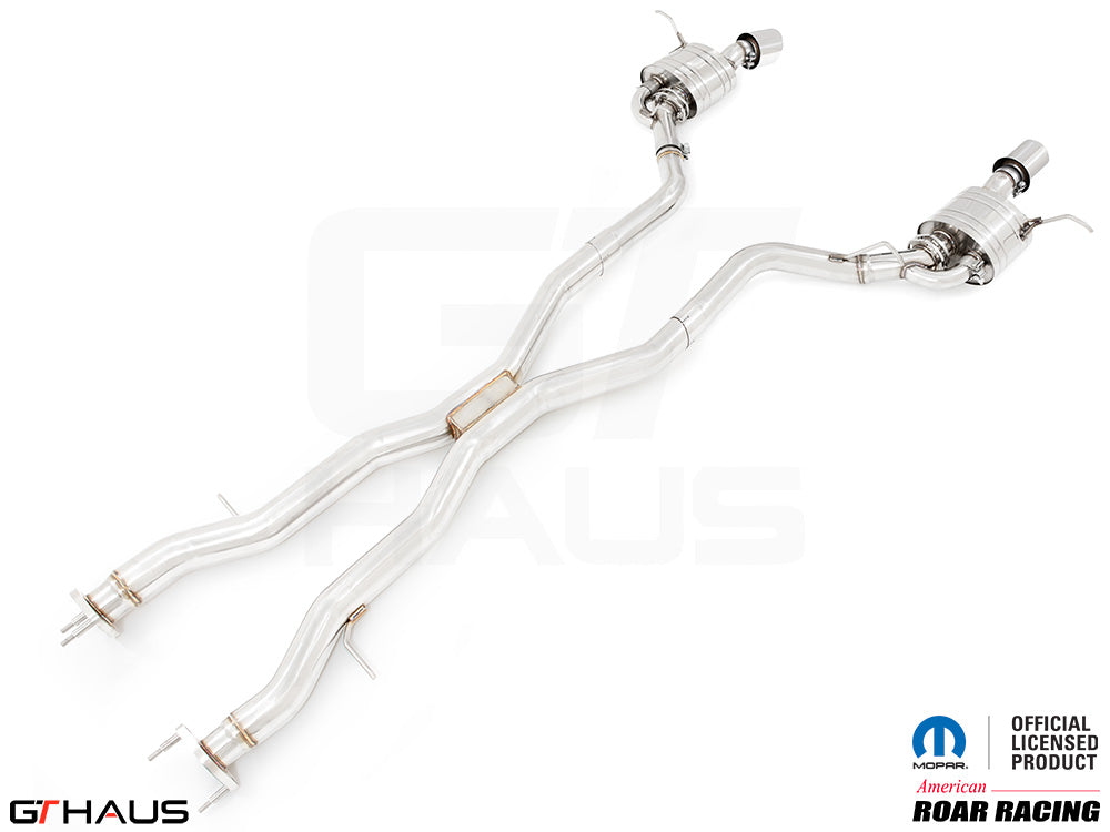 Premium performance exhaust system for 2012+ Jeep Grand Cherokee SRT8 featuring dual stainless steel pipes and electronic valves.