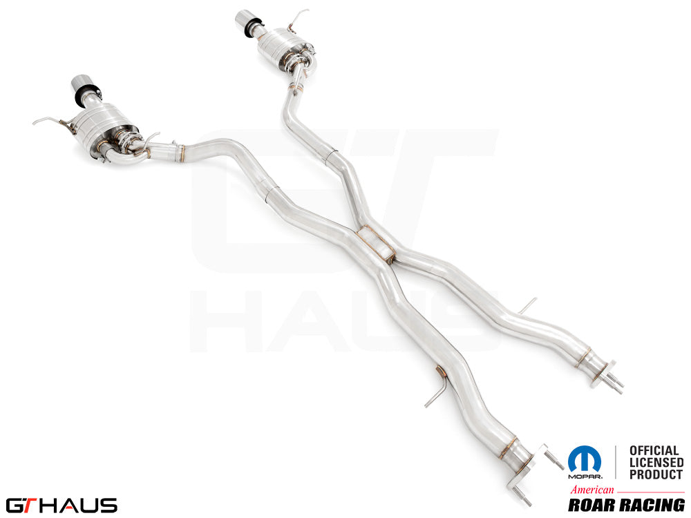 Premium performance exhaust system for 2012+ Jeep Grand Cherokee SRT8 with 6.4 HEMI V8, featuring stainless steel construction.