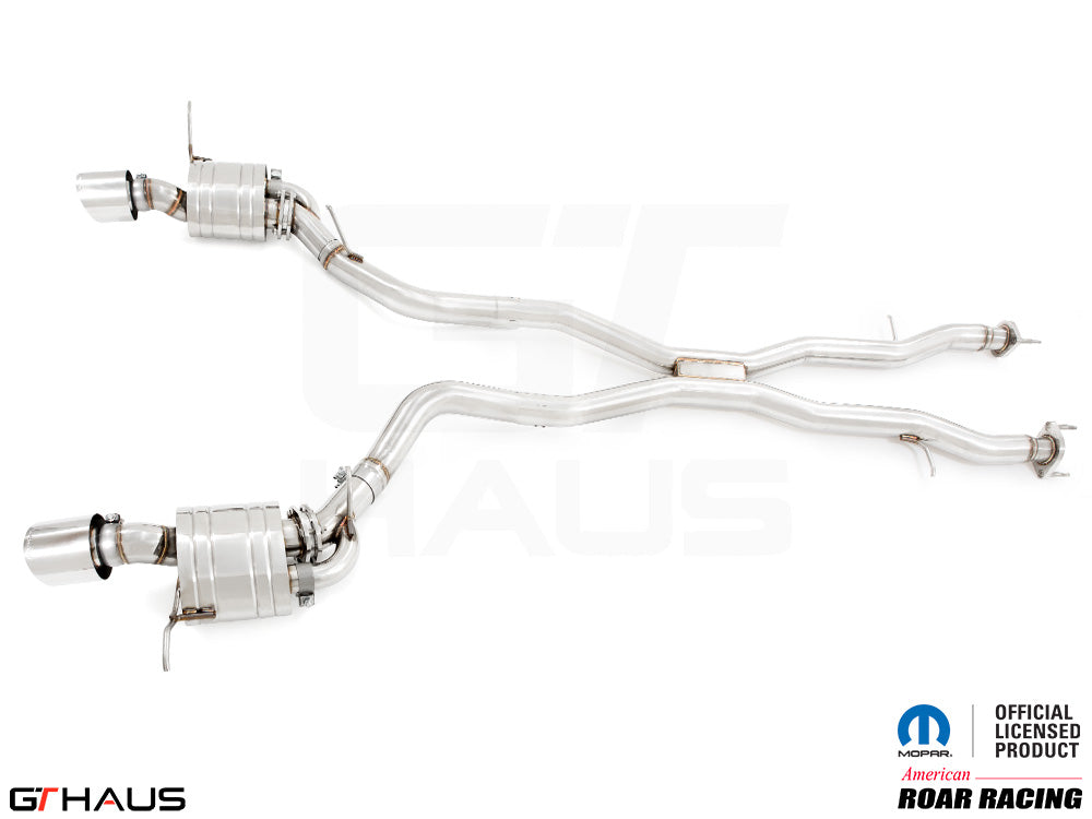 Premium performance exhaust system for Jeep Grand Cherokee SRT8 with 6.4 HEMI V8, featuring stainless steel construction.