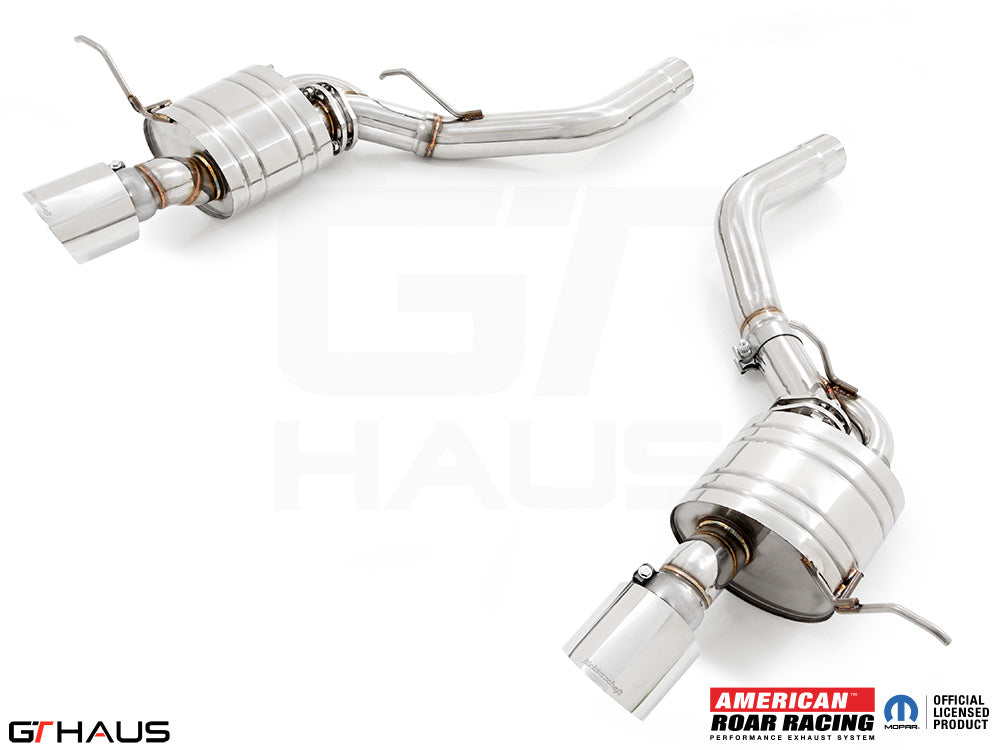 Premium exhaust system for 2012+ Jeep Grand Cherokee SRT8 featuring dual stainless steel pipes and polished tips.
