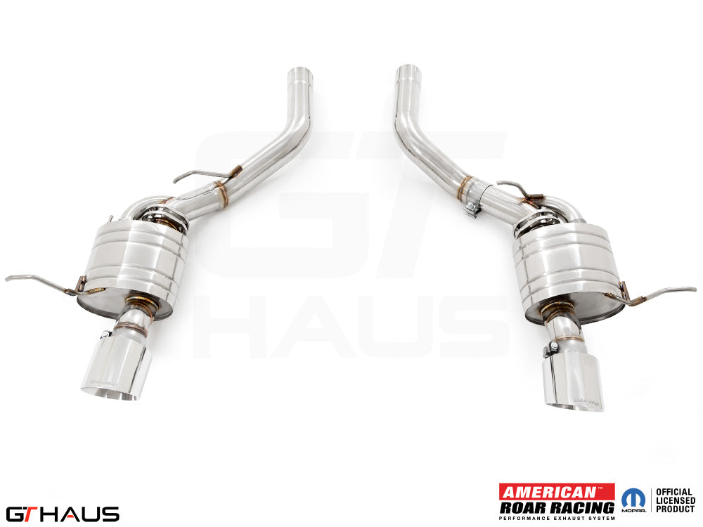 Premium performance exhaust system for Jeep Grand Cherokee SRT8 featuring dual stainless steel pipes and polished tips.
