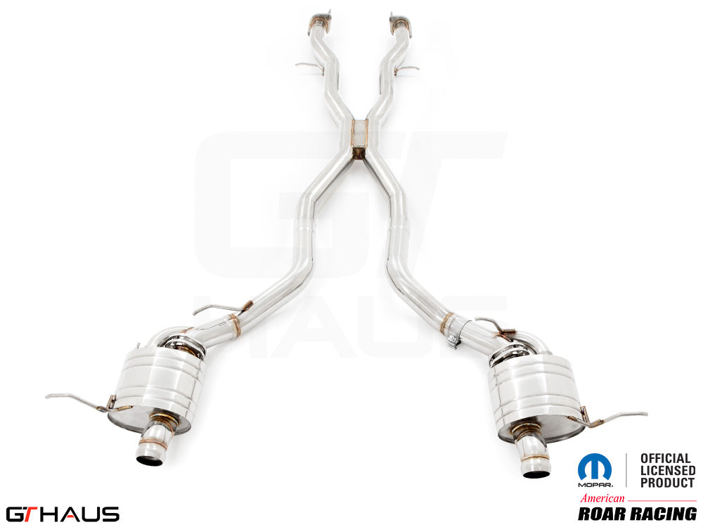 Premium performance exhaust system for 2012+ Jeep Grand Cherokee SRT8 with 6.4 HEMI V8, featuring stainless steel construction.