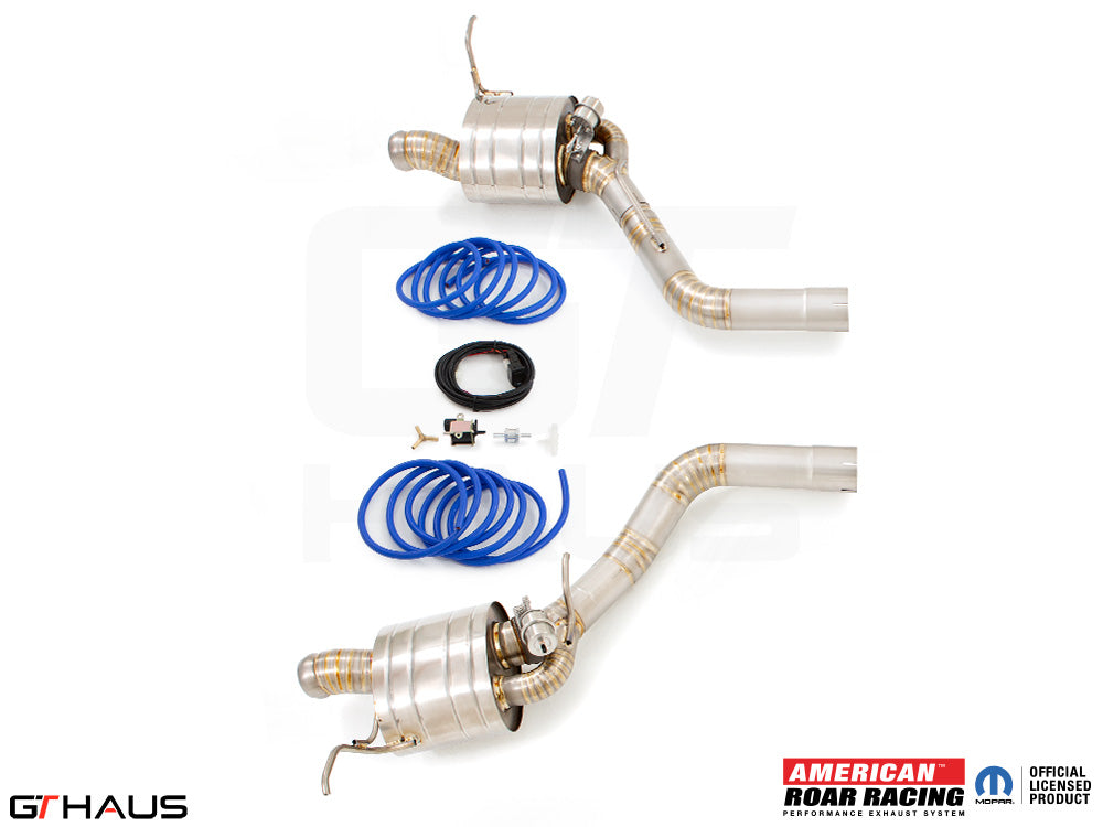 Premium exhaust system for 2012+ Jeep Grand Cherokee SRT8 with 6.4 HEMI V8, featuring stainless steel construction and performance components.