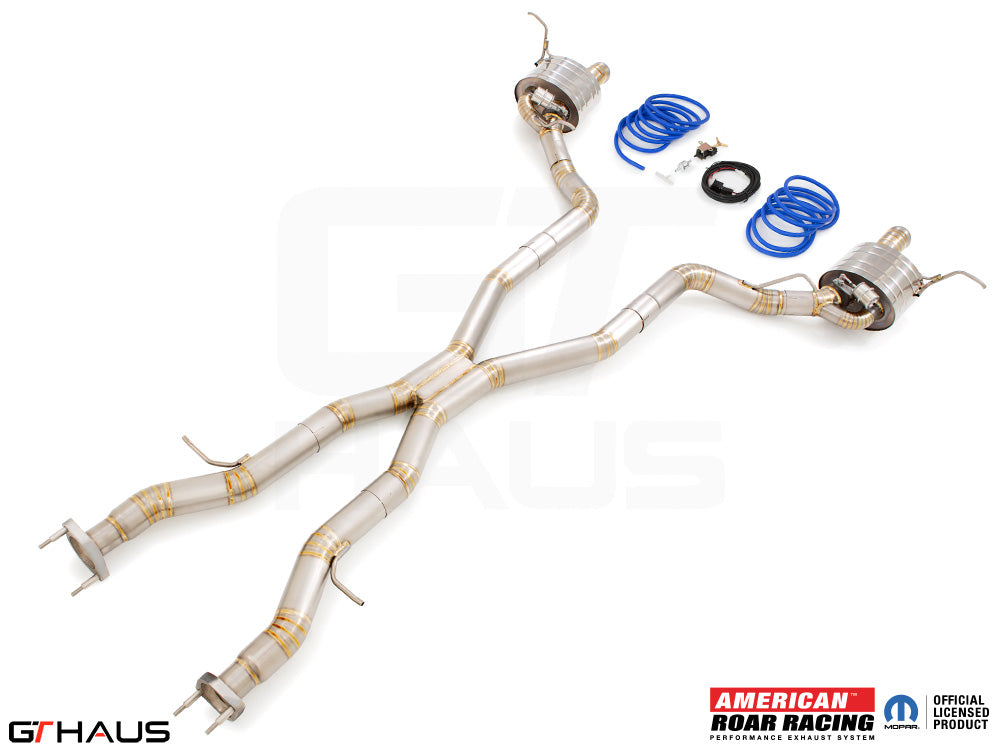 Premium performance exhaust system for Jeep Grand Cherokee SRT8 with 6.4 HEMI V8, featuring stainless steel construction and electronic valve control.