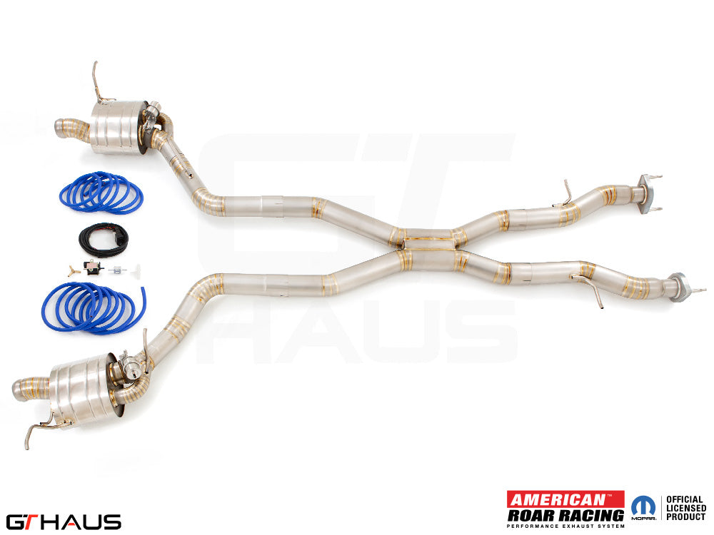 Premium performance exhaust system for 2012+ Jeep Grand Cherokee SRT8 with 6.4 HEMI V8, featuring stainless steel construction.