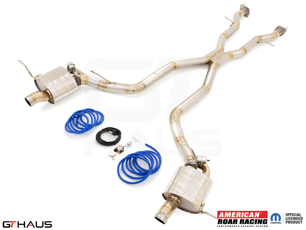 Premium performance exhaust system for Jeep Grand Cherokee SRT8 featuring dual stainless steel pipes and electronic valve control.