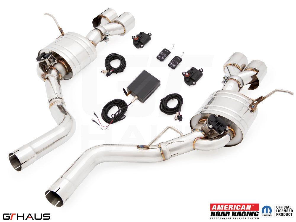 Premium performance exhaust system for 2017+ Jeep Grand Cherokee SRT TrackHawk, featuring stainless steel construction and electronic valve control.