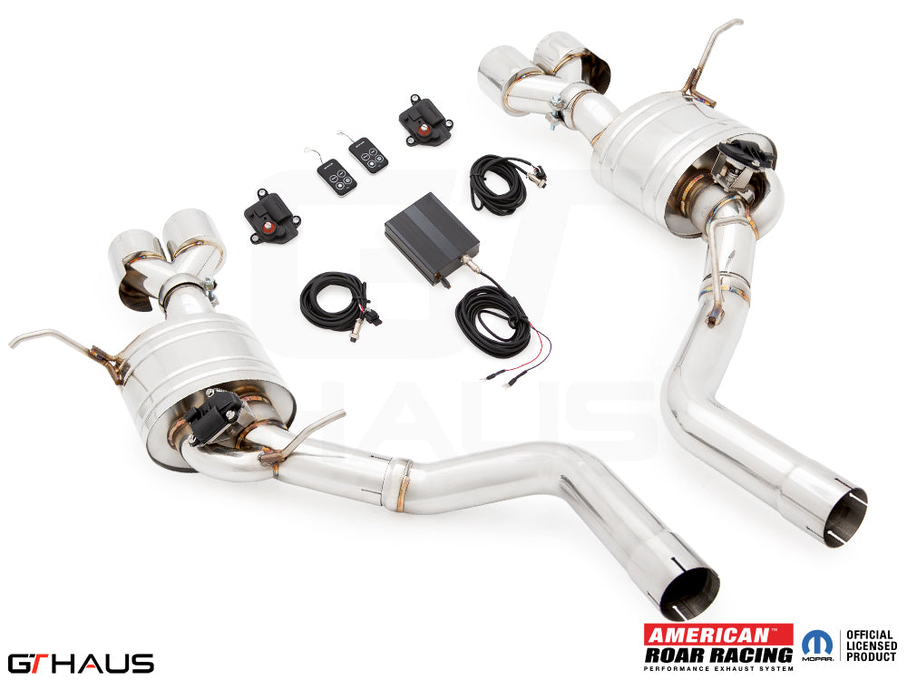 Premium exhaust system for 2017+ Jeep Grand Cherokee SRT TrackHawk, featuring electronic valve control and stainless steel construction.