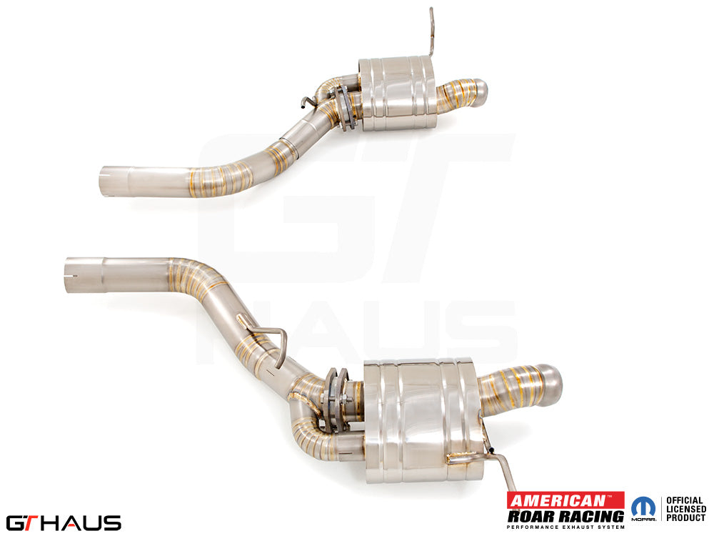 High-performance exhaust system for 2017+ Jeep Grand Cherokee SRT TrackHawk, featuring stainless steel construction.