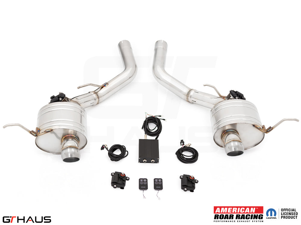 Premium exhaust system for 2012+ Jeep Grand Cherokee R/T with 5.7 HEMI V8, featuring electronic valve control and dual tips.