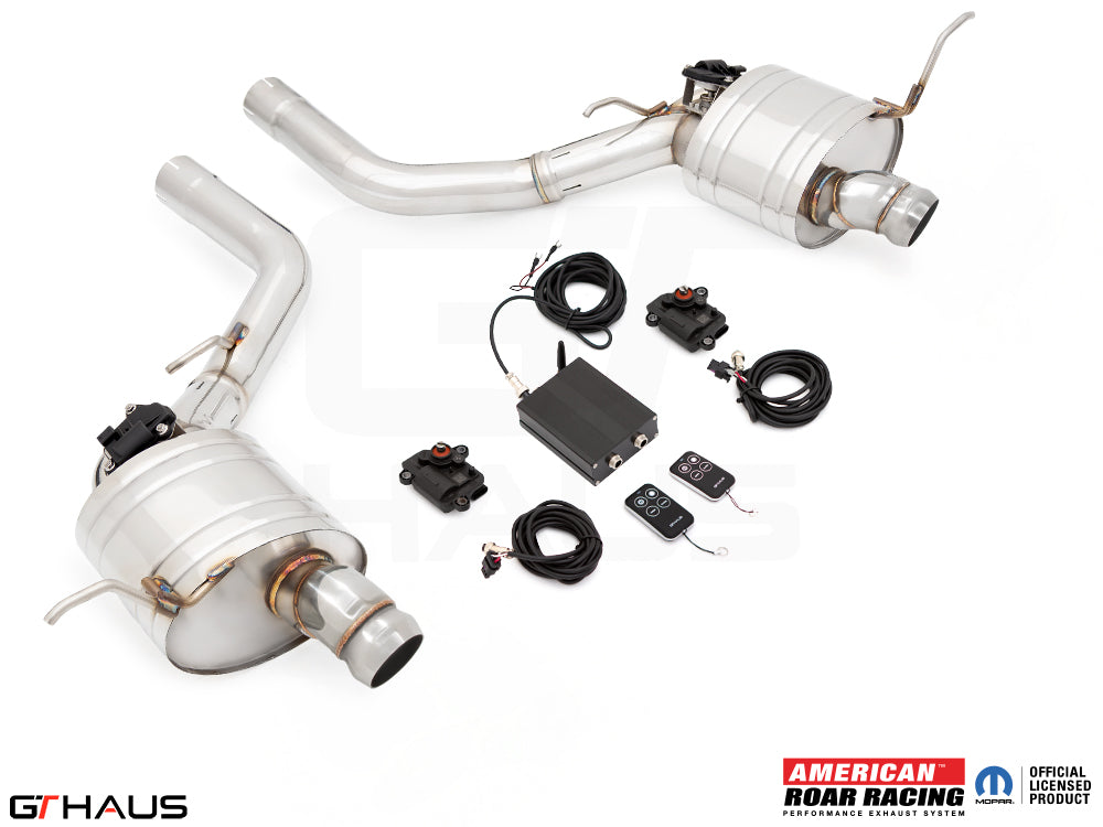 Premium exhaust system for 2017+ Jeep Grand Cherokee SRT TrackHawk, featuring electronic valve control and stainless steel construction.