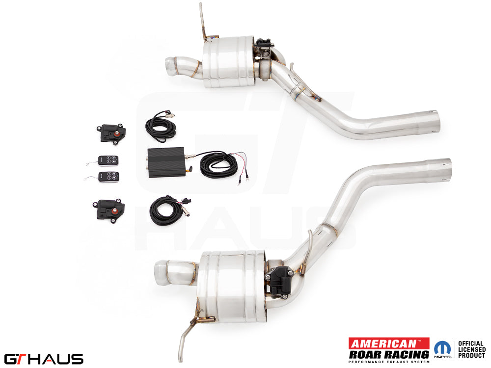 Premium performance exhaust system for 2017+ Jeep Grand Cherokee SRT TrackHawk, featuring electronic valve control and stainless steel construction.