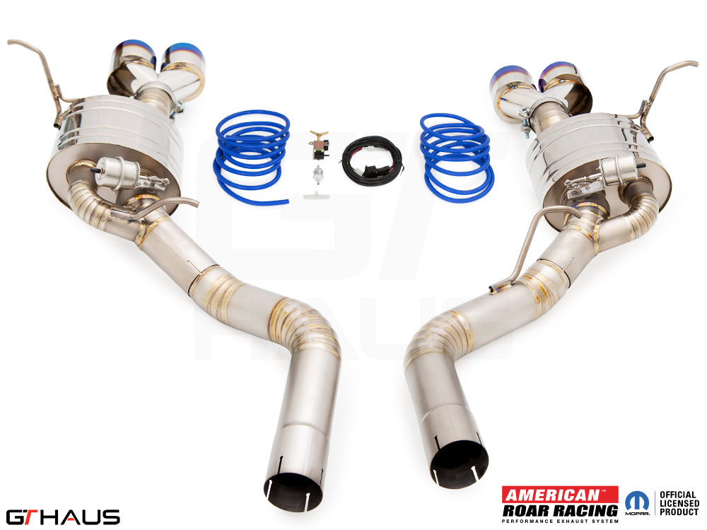 Premium performance exhaust system for 2017+ Jeep Grand Cherokee SRT TrackHawk, featuring stainless steel construction and electronic valve control.