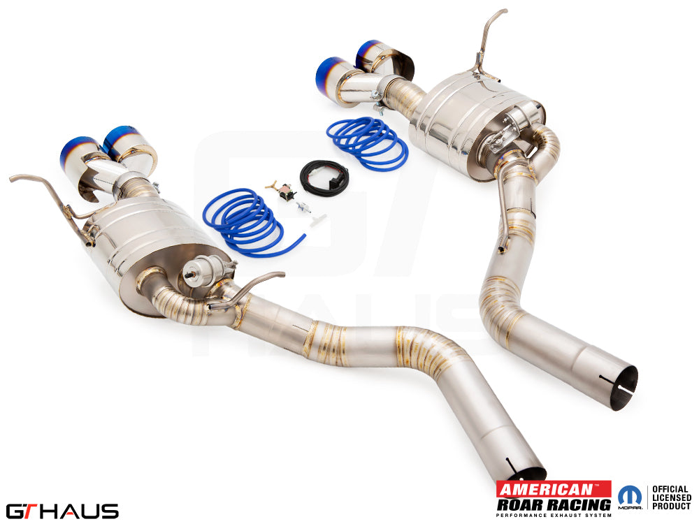 Premium performance exhaust system for 2017+ Jeep Grand Cherokee SRT TrackHawk, featuring stainless steel construction and blue tips.