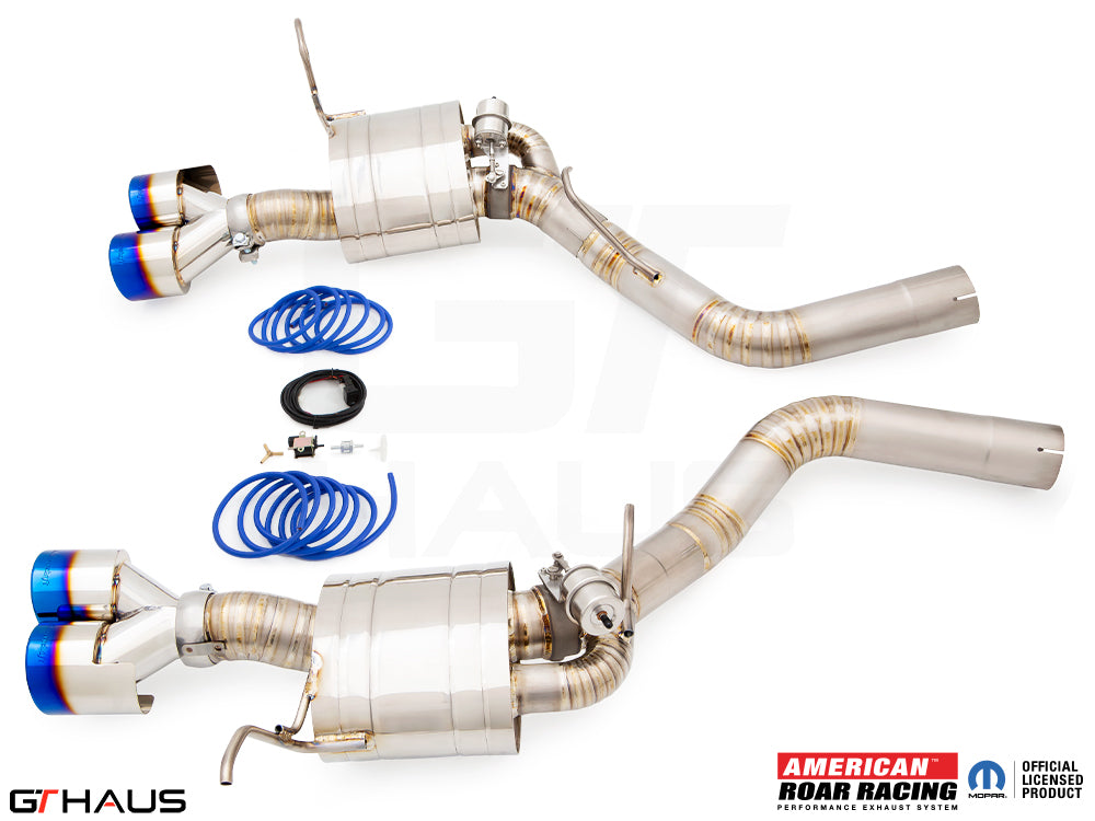 Premium exhaust system for 2017+ Jeep Grand Cherokee SRT TrackHawk, featuring stainless steel construction and electronic valve control.