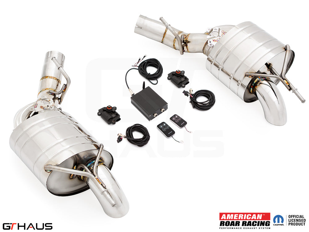 Premium performance exhaust system for 2020+ Jeep Grand Wagoneer 6.4 V8 with electronic valve control and stainless steel construction.